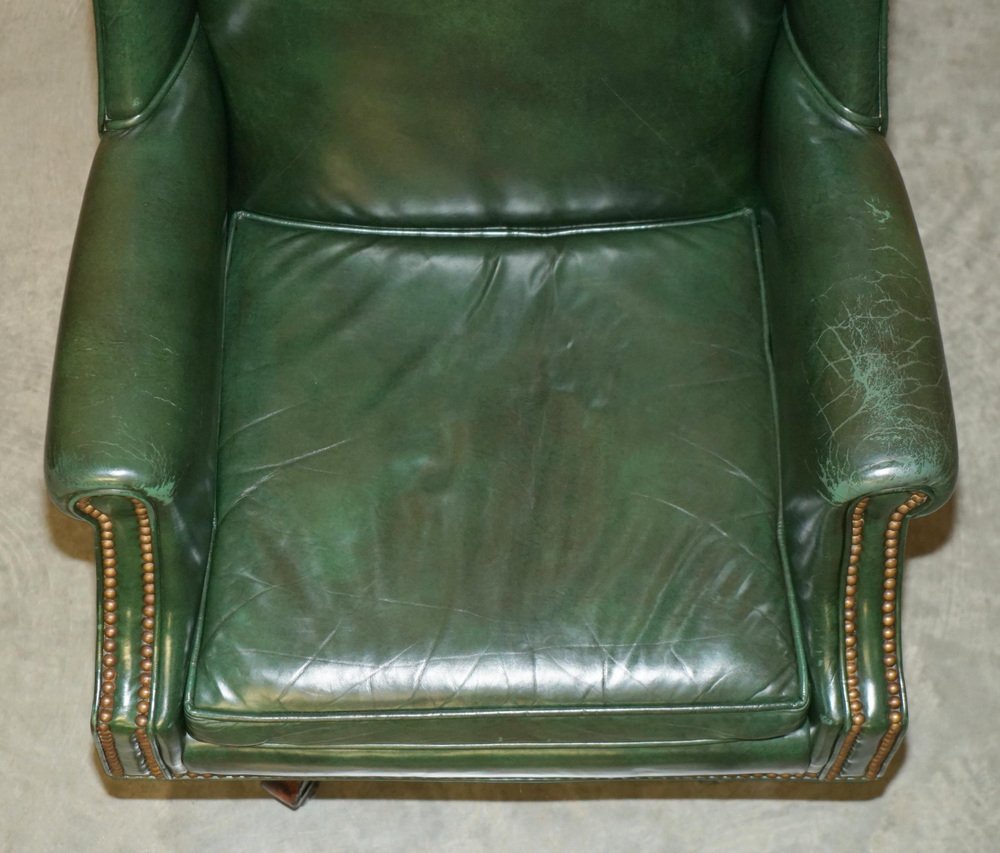 Vintage Heritage Green Leather Captains Wingback Swivel Directors Chair