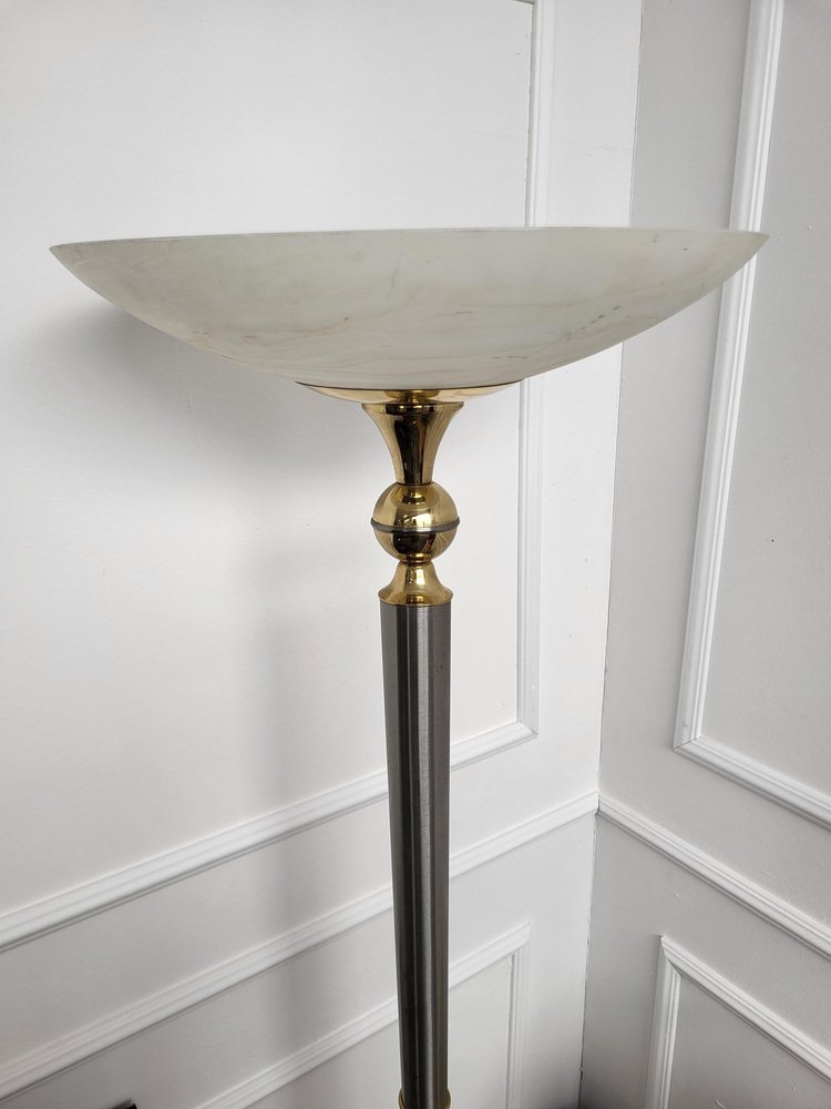 Italienische Art Deco Hollywood Regency Stehlampe aus Messing &amp; Glas ...