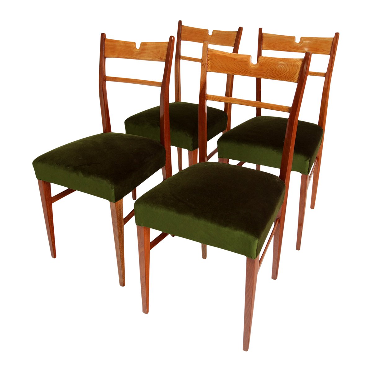 Italian Wood & Green Velvet Dining Chairs, 1950s, Set of 4 for sale at