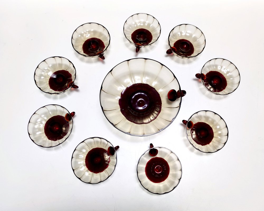 Smoked and Crimson Murano Glass Dessert Bowls in the style of Zecchin