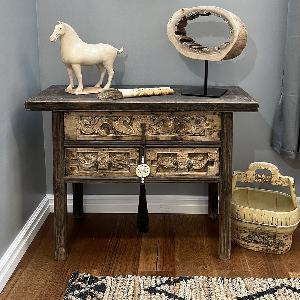 Three Drawer Carved Coffer Table for sale at Pamono
