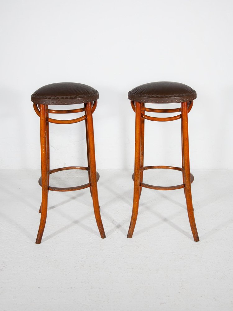 Bentwood Cafe Bar Stools with Padded Leather Seats from 1969, Set of 2 for sale at Pamono