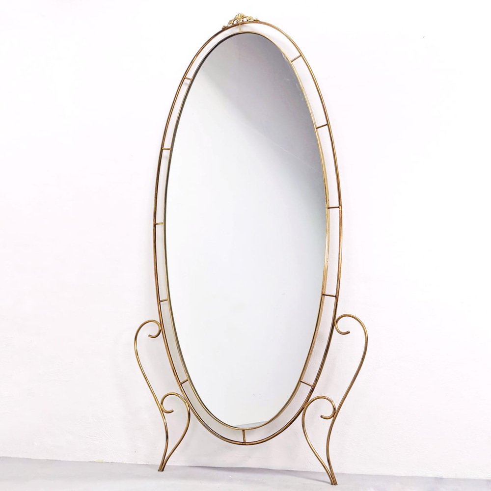 Large Oval Floor Mirror in Brass, 1950s for sale at Pamono