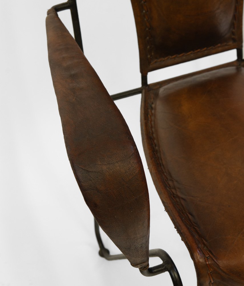 MidCentury French Leather & Iron Armchairs in the style of Jacques