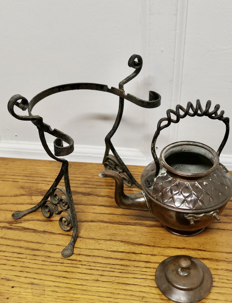 Antique Copper Kettle on Wrought Iron Stand for sale at Pamono
