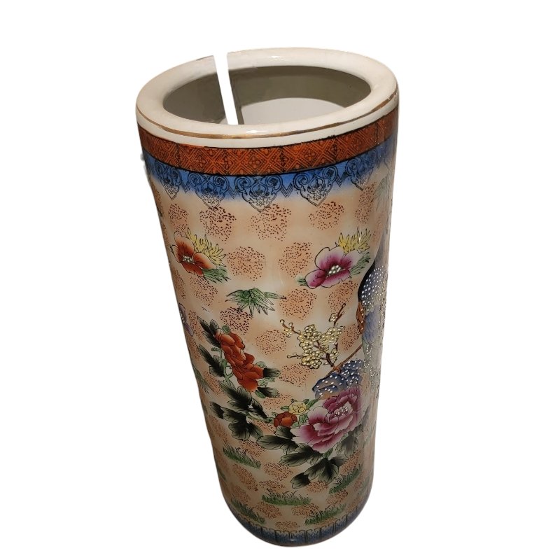 MidCentury Porcelain Umbrella Stand with Peacock Motifs for sale at Pamono