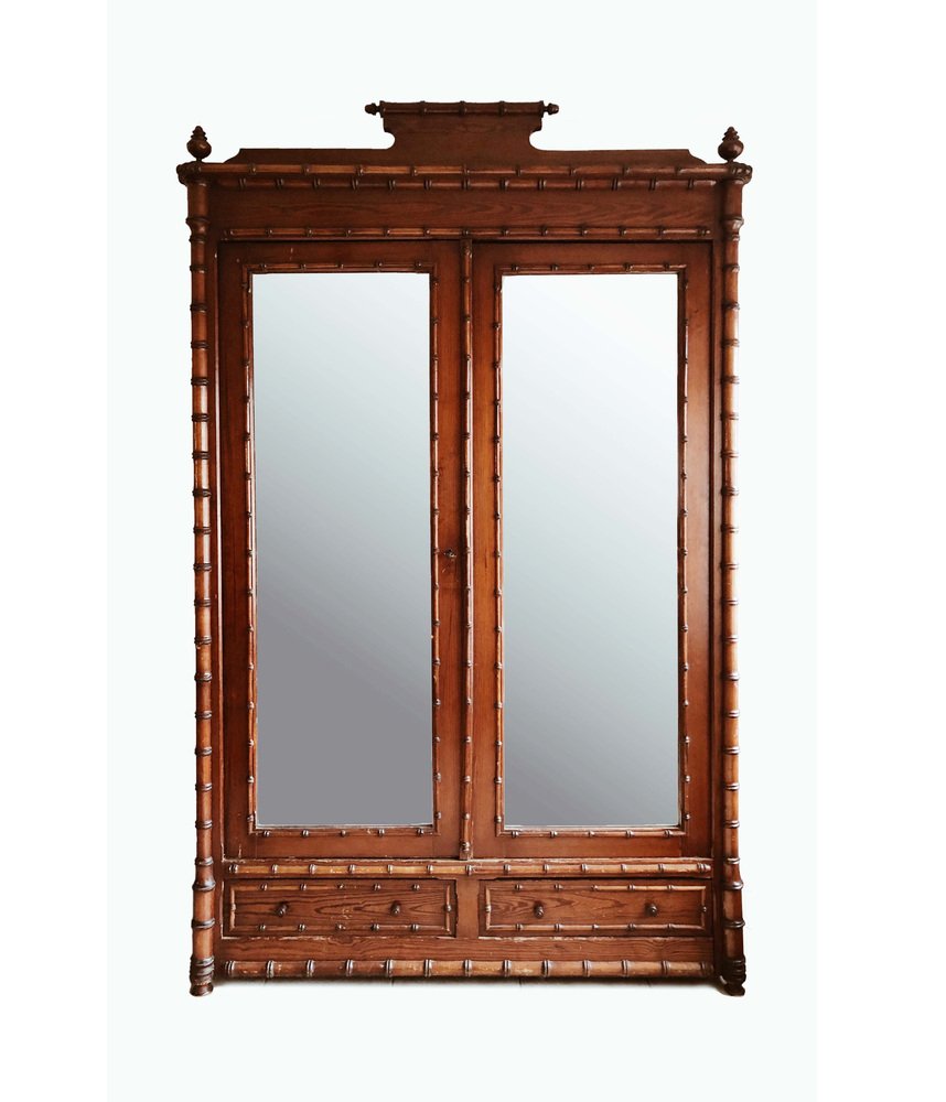 Antique FauxBamboo Pinewood Wardrobe with Mirrored Doors for sale at
