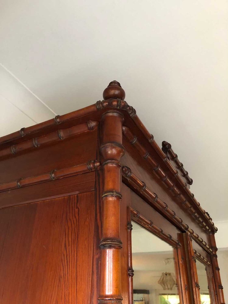 Antique FauxBamboo Pinewood Wardrobe with Mirrored Doors for sale at