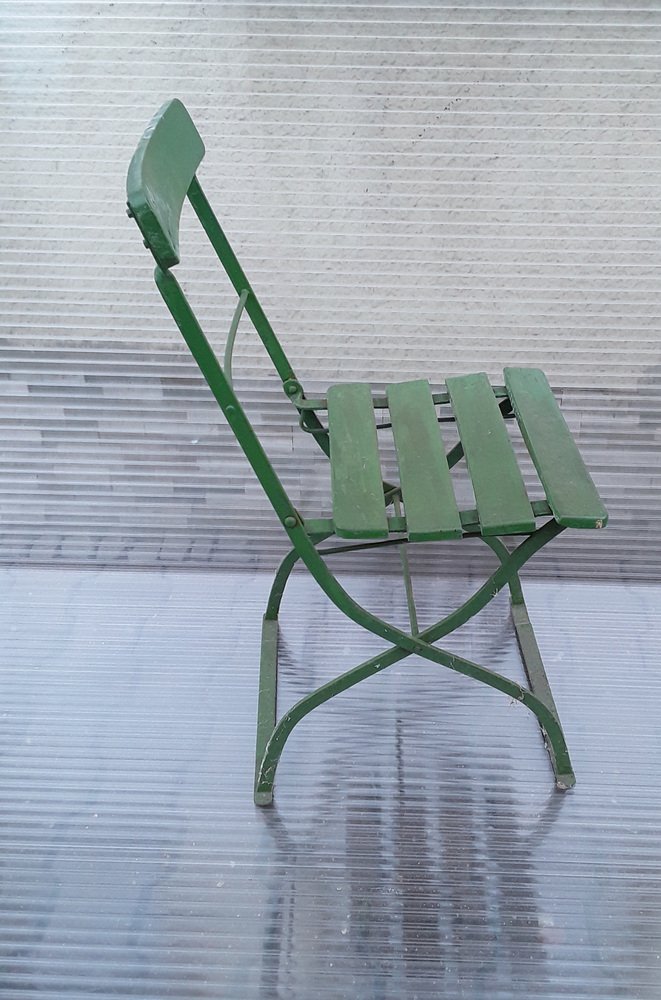 Antique German Collapsible Beer Garden Chair with GreenPainted Iron