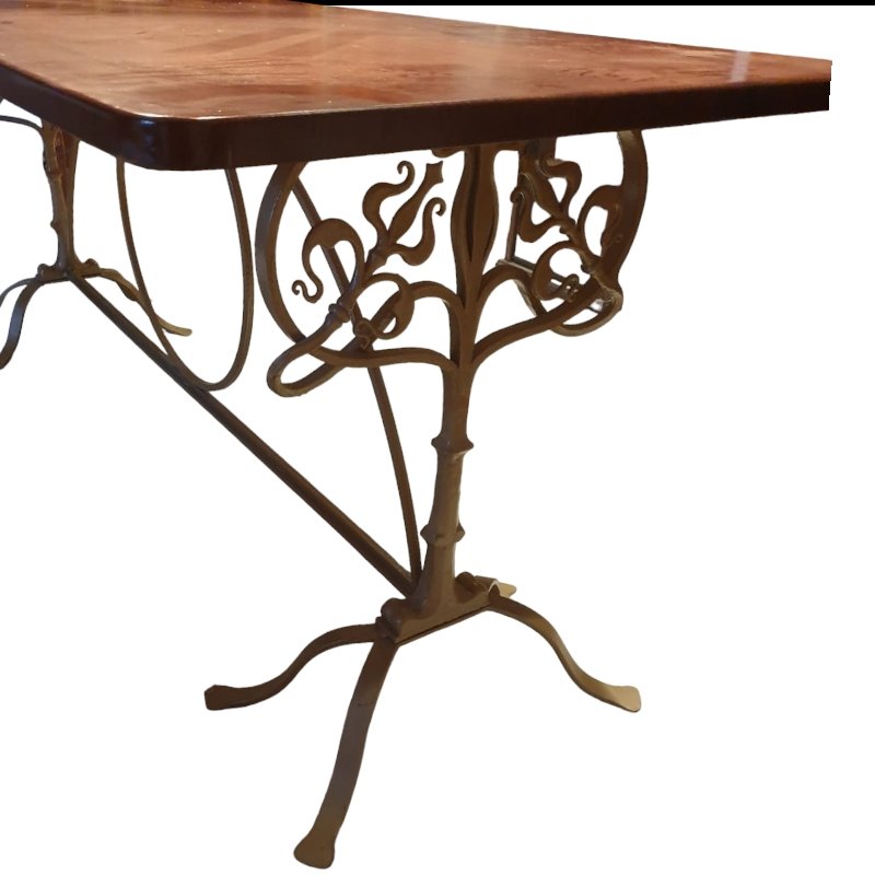 Art Nouveau Dining Table with Wrought Iron Legs for sale at Pamono