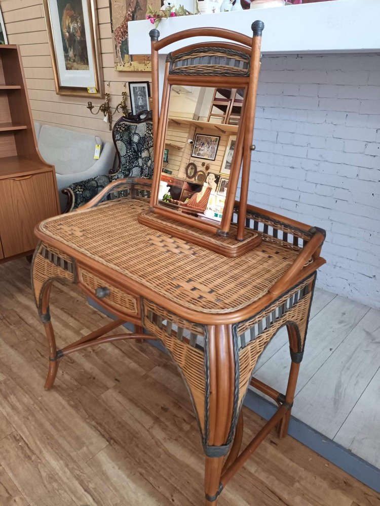 MidCentury Rattan Nightstands & Dressing Table with Mirror in Wicker
