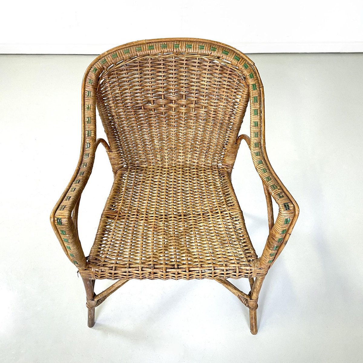 Antique Italian Rattan Chair with Armrests and Green Details, 1900s for