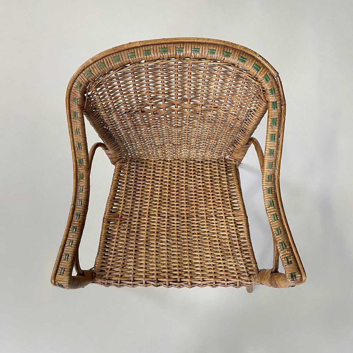 Antique Italian Rattan Chair with Armrests and Green Details, 1900s for