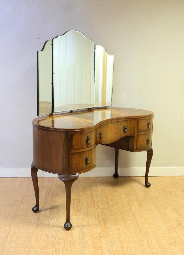 Antique Art Deco Dressing Table with Trifold Mirrors & Queen Ann Legs