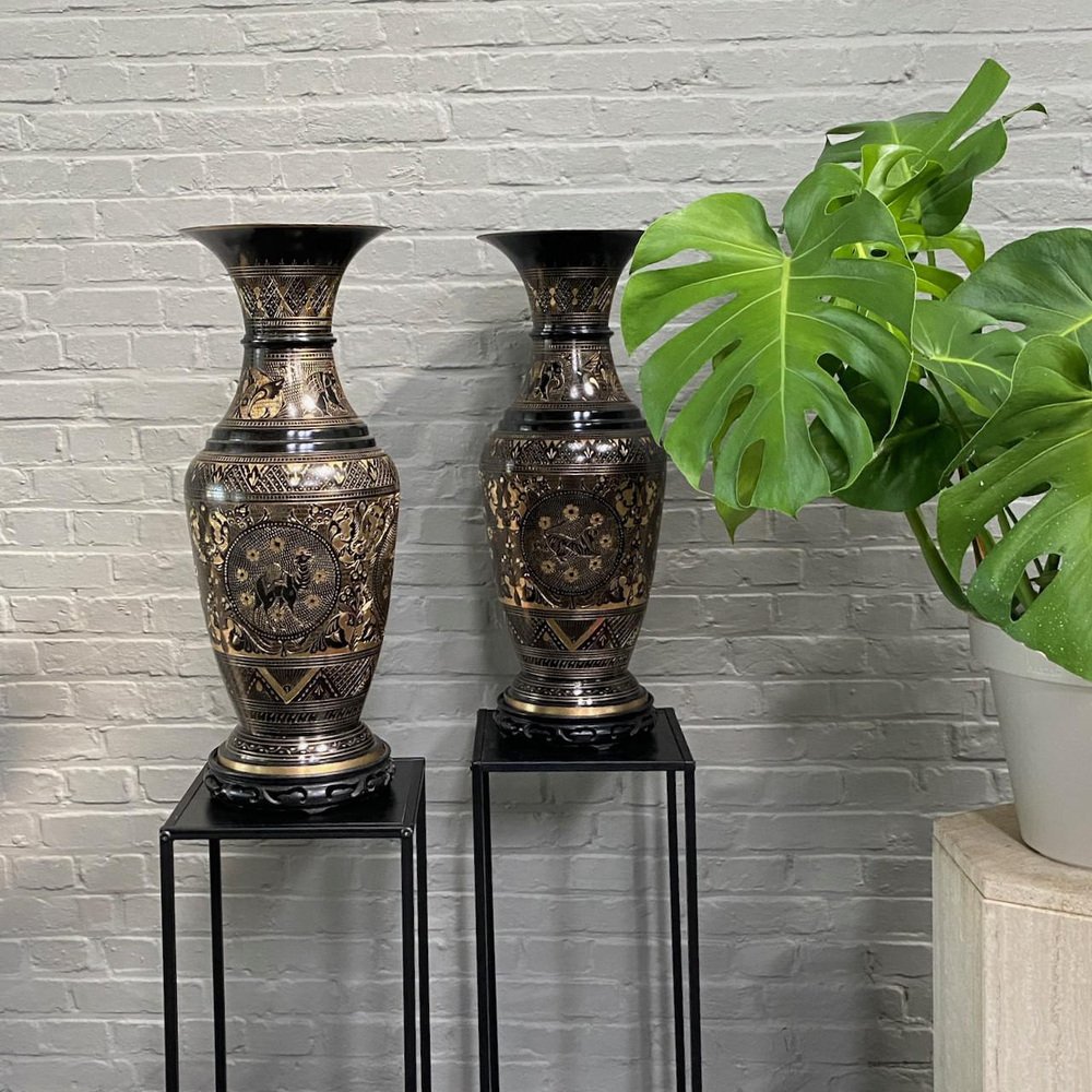 Large Black and Gold Etched Brass Vases, Set of 2 for sale at Pamono