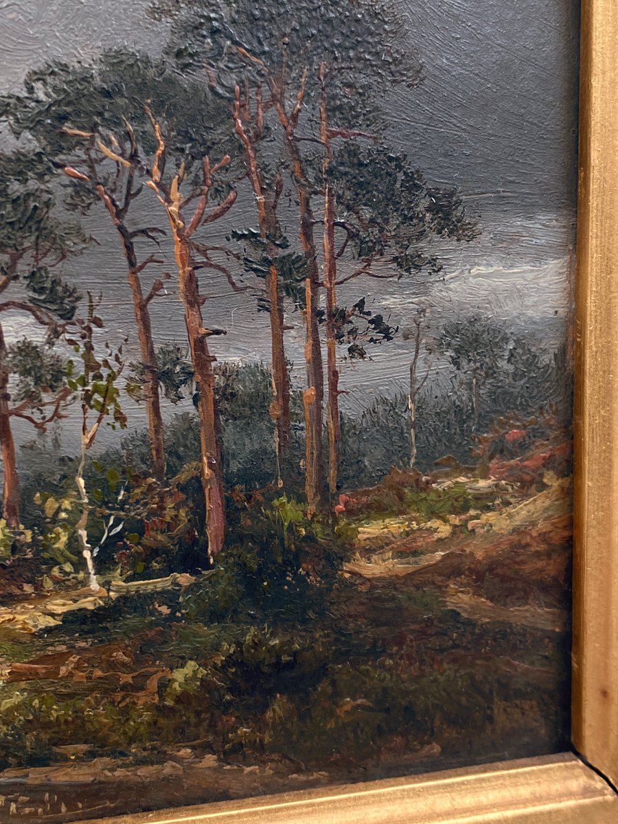 Cölestin Brügner, Teich mit Kirchturm und Paar, 19. Jh., Ölgemälde
