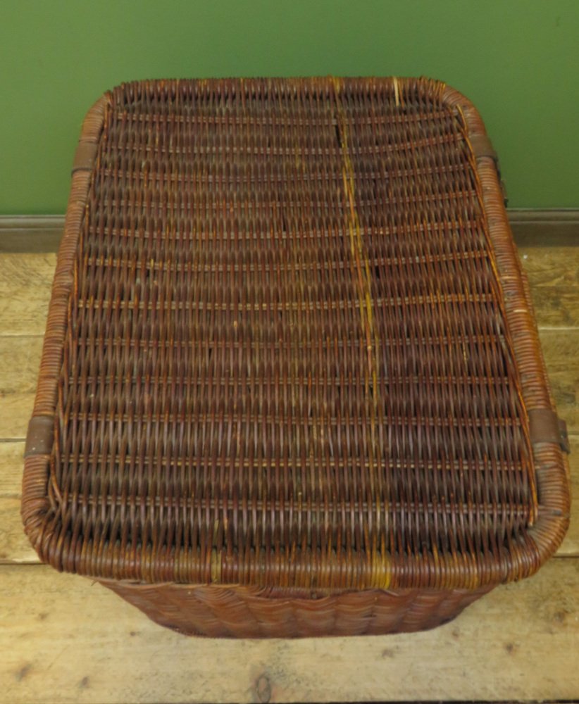 Large Vintage Wicker Laundry Basket with Leather Straps for sale at Pamono