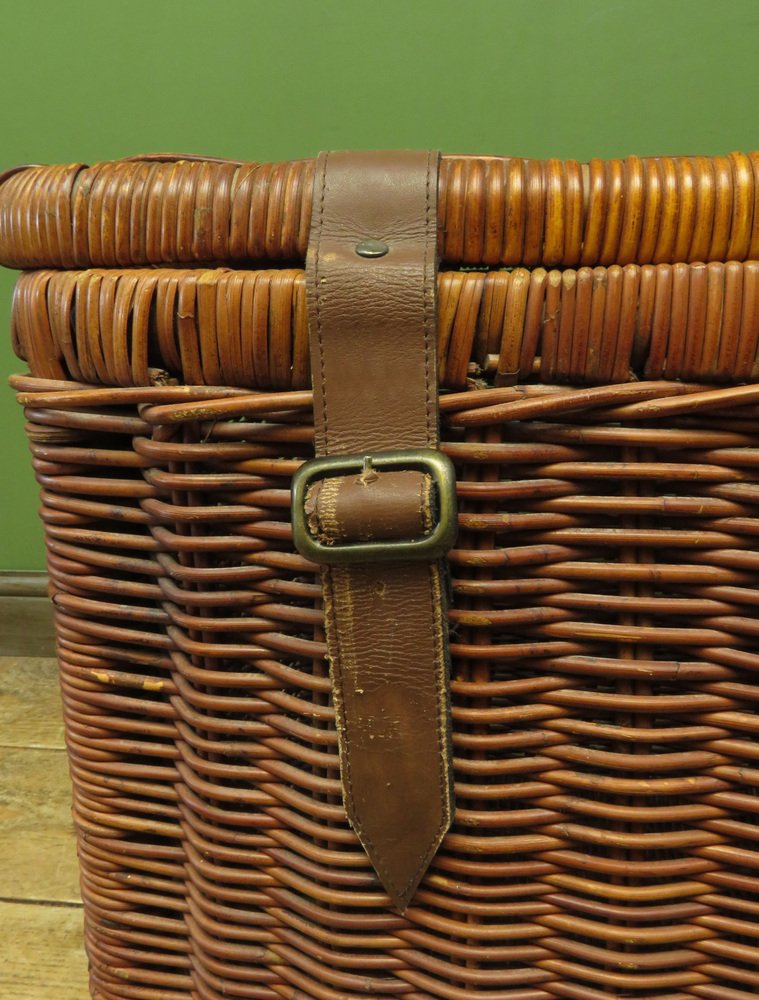 Large Vintage Wicker Laundry Basket with Leather Straps for sale at Pamono