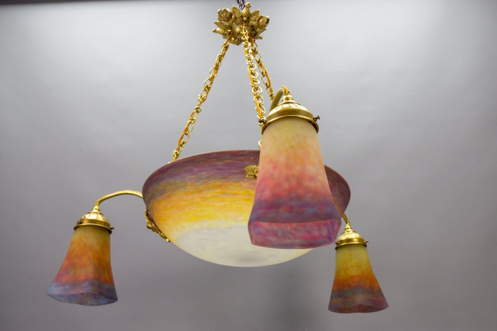 Lustre Suspension Vasque Tulipes Verre Marmoréen Bronze | Muller Frères Lunéville