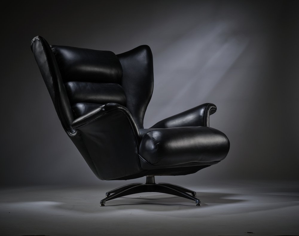 Set of Italian Black Leather Swivel Wing Chair with Footstool from G ...