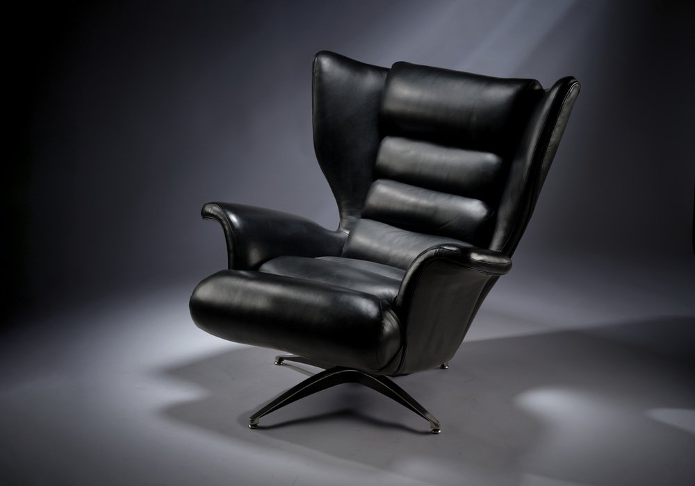 Set of Italian Black Leather Swivel Wing Chair with Footstool from G ...