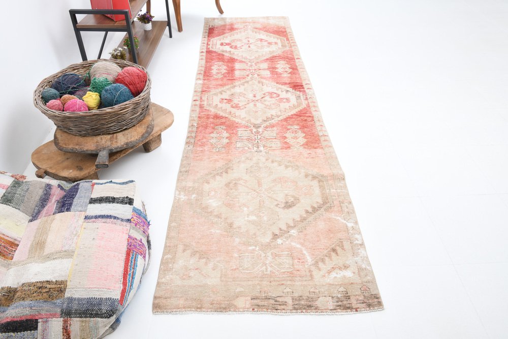 Turkish Pale Red and Beige Runner Rug, 1960s for sale at Pamono