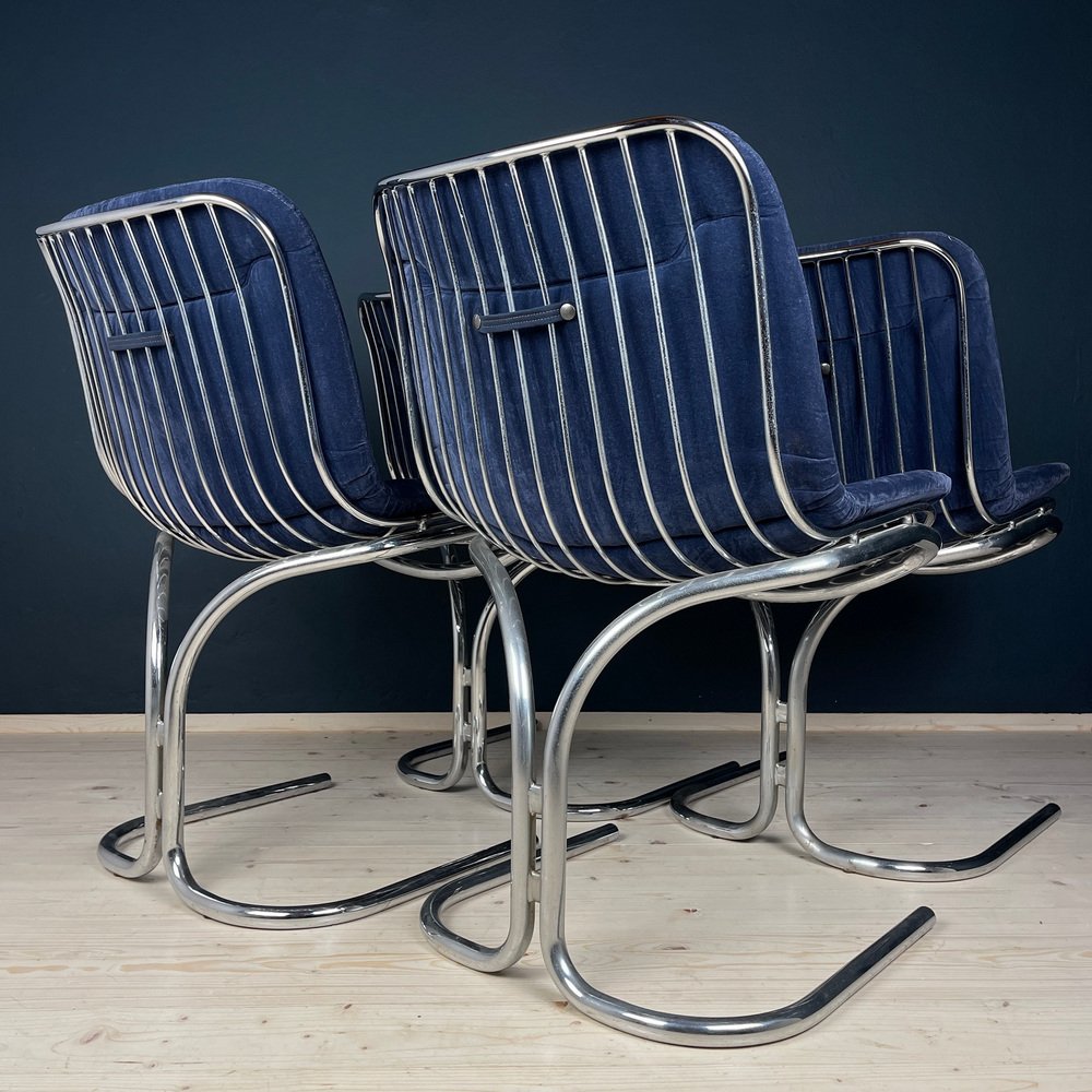 Chaise De Salle à Manger Vintage Gastone Rinaldi Rima - Space Age, Chrome Et Cuir Bleu