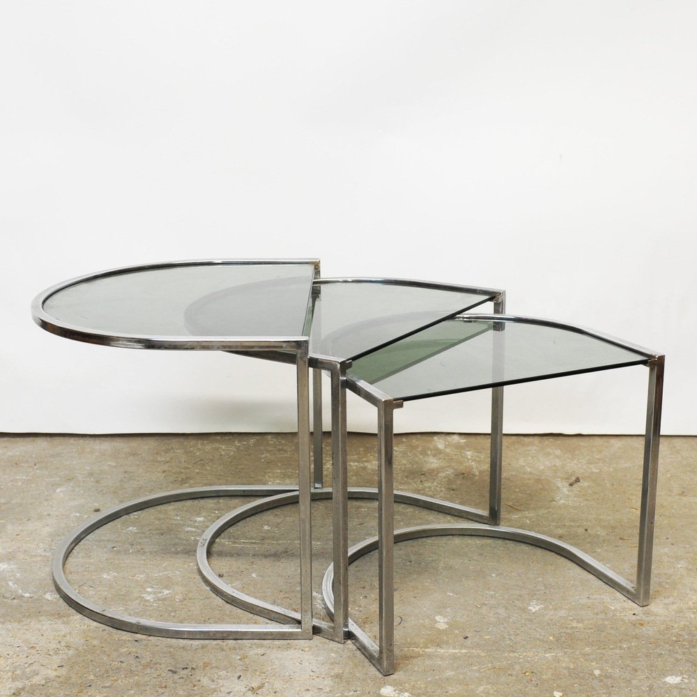 Vintage Italian SemiCircle Nesting Tables in Chrome and Smoked Glass