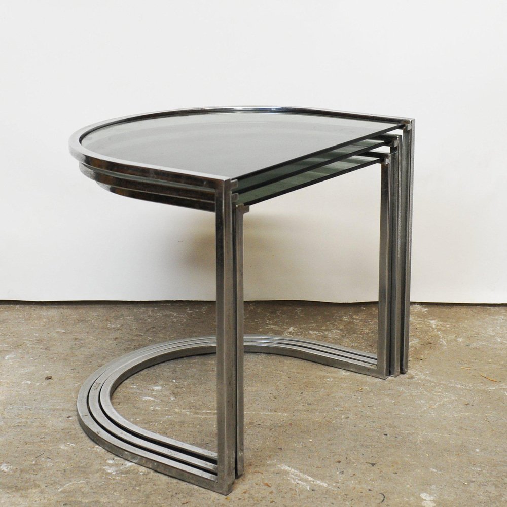 Vintage Italian SemiCircle Nesting Tables in Chrome and Smoked Glass