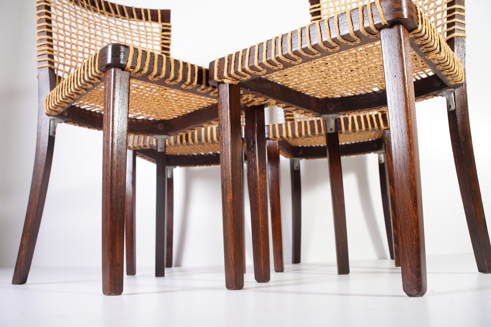 Raffia Dining Chairs by Jan Vanek for Pmb, 1930s, Set of 4 for sale at