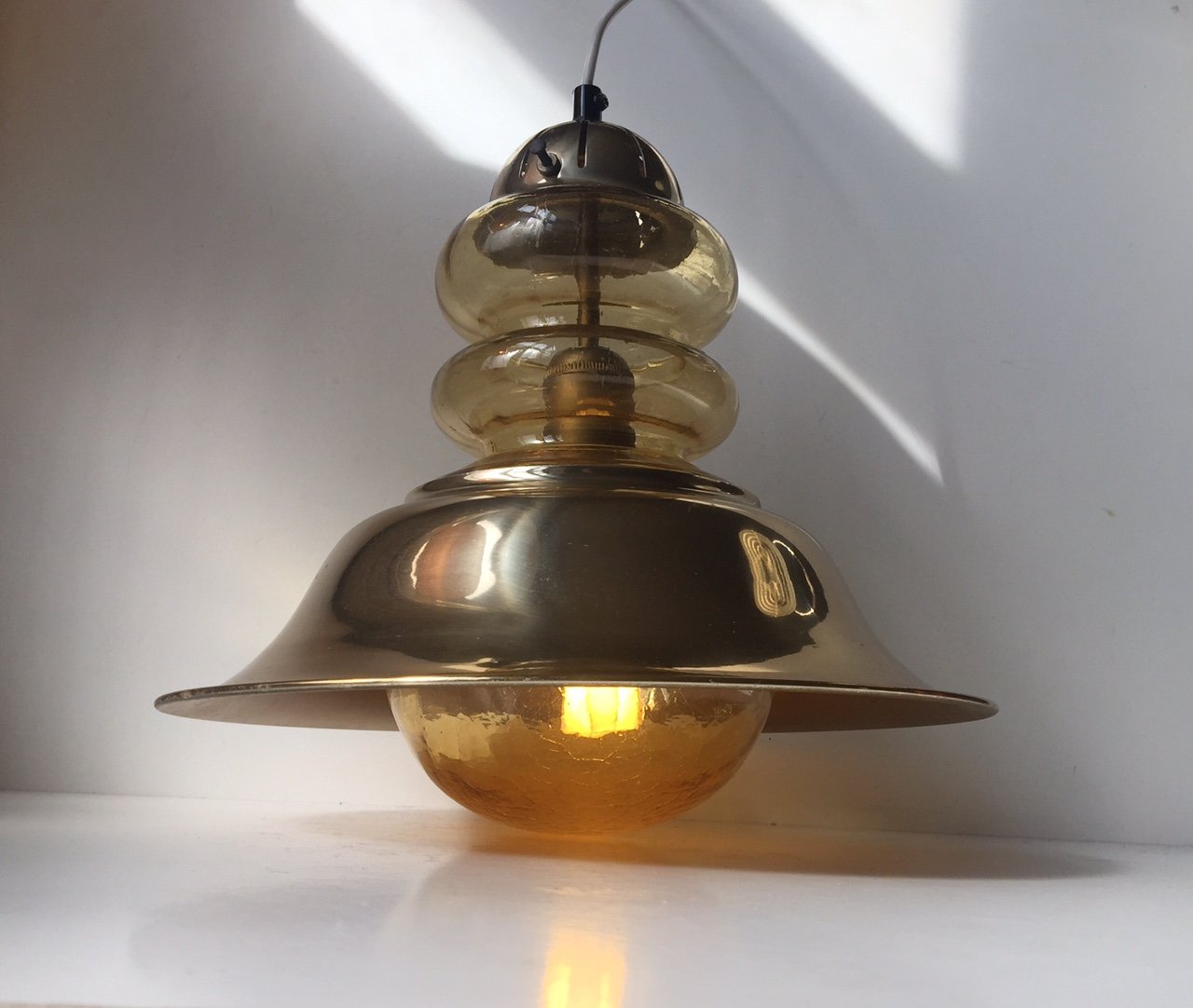 Vintage Danish Nautical Brass Glass Ceiling Light From Vitrika