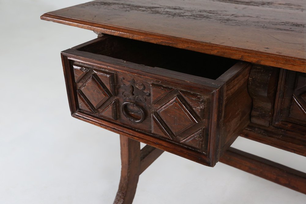 Antique Oak Spanish Console Table with Handcrafted Drawers, 18th ...