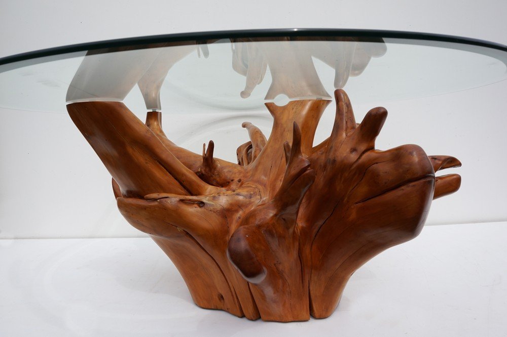 MidCentury Teak Tree Root Coffee Table with Beveled Glass Top for sale