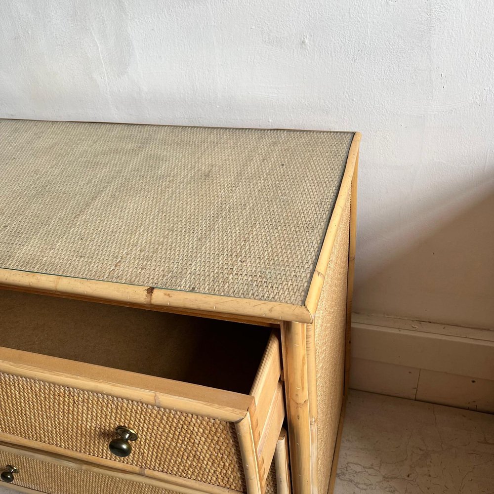 Mid Century Rattan 3 Drawer Chest of Drawers for sale at Pamono