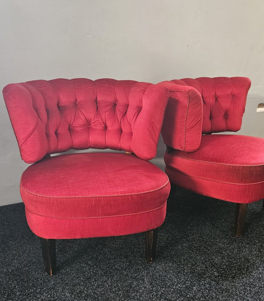 Vintage Red Velvet Lounge Chairs by Otto Schulz for Jio Möbler, 1940s