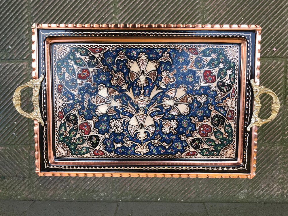 Rectangular Carved Copper Serving Tray with Handles for sale at Pamono
