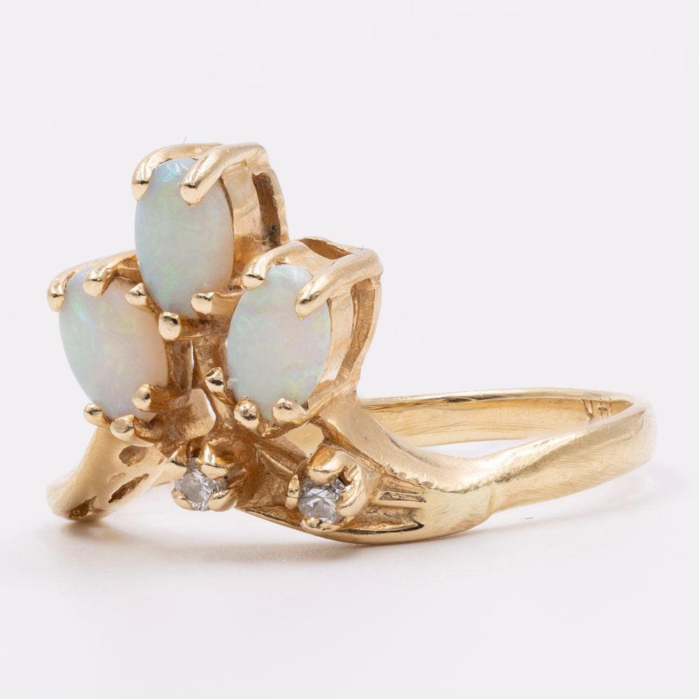 Vintage 14k Yellow Gold Opal and Diamond Ring, 1970s for sale at Pamono