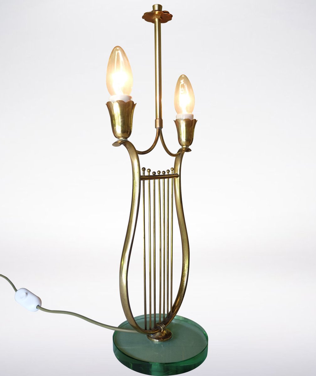 Italian HarpShaped Brass Table Lamp, 1930s for sale at Pamono