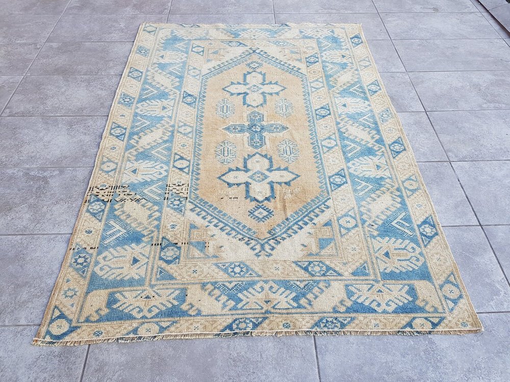 Turkish Nomadic Faded Blue Wool Rug, 1960s for sale at Pamono