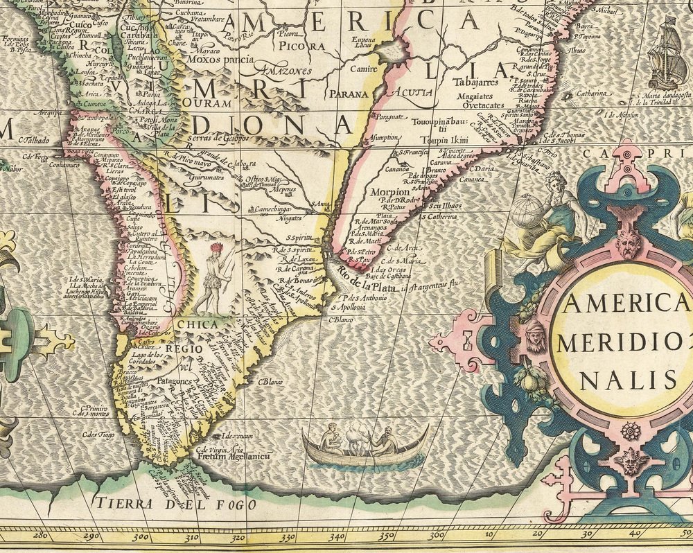 Early 17th century Dutch map of South America showing black tone coastline and interior details