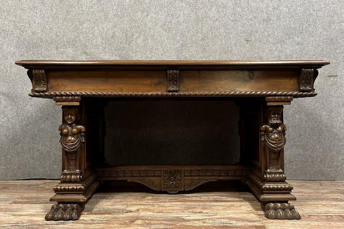 Renaissance Caryatid Desk Table in Walnut, 1880s for sale at Pamono
