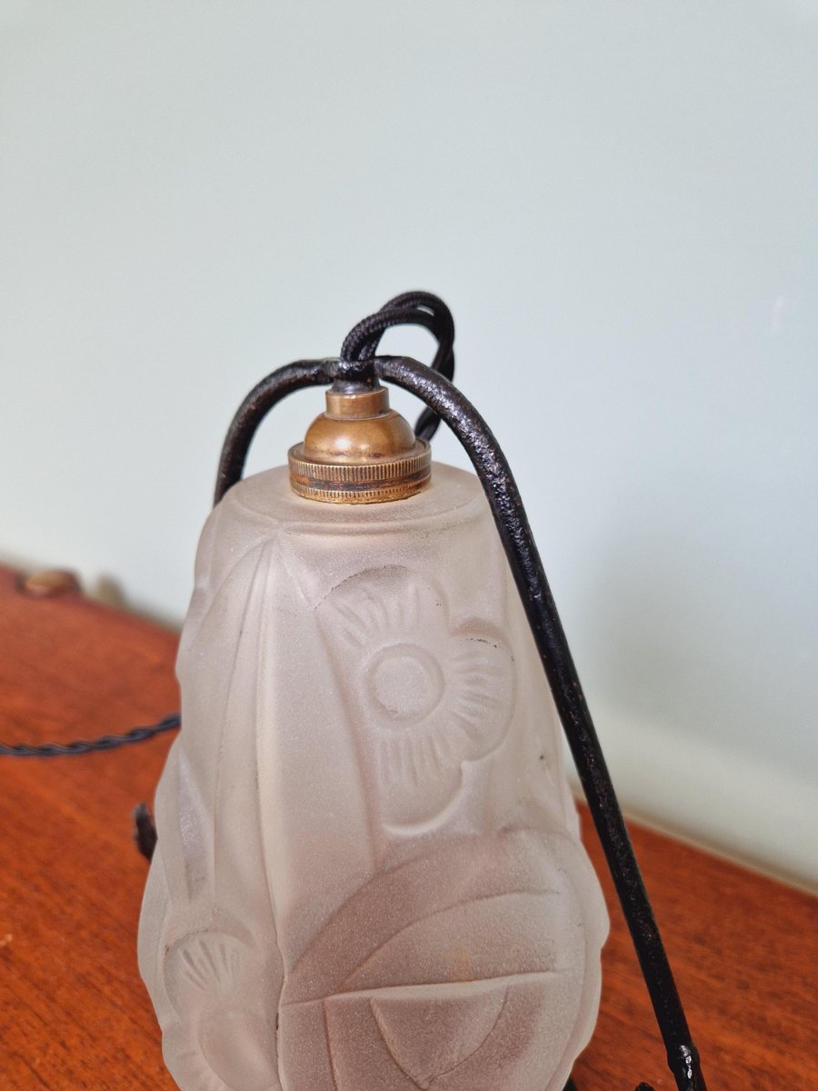 Art Deco Night Light in Wrought Iron and Satin Glass from Verrerie Dart