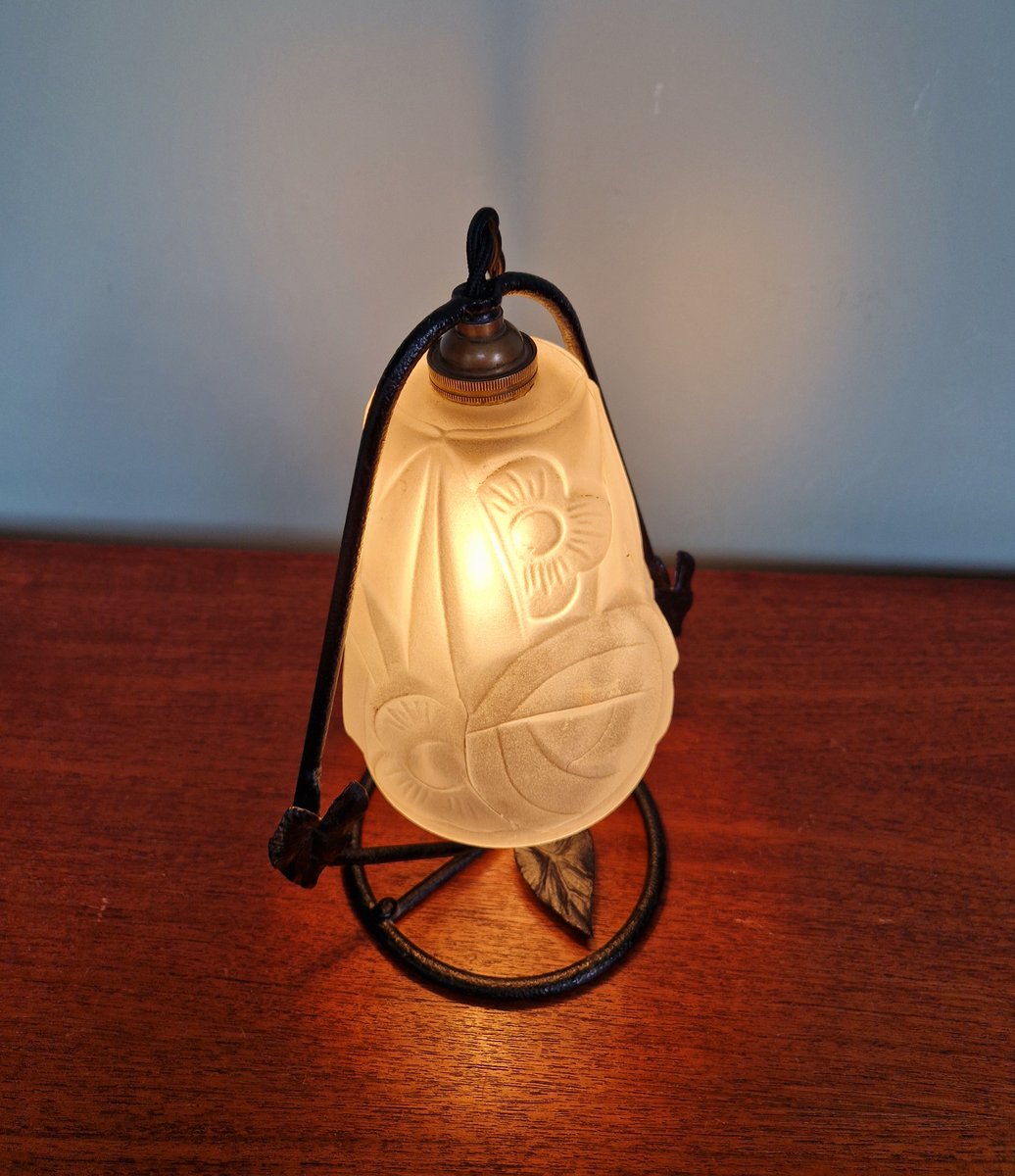 Art Deco Night Light in Wrought Iron and Satin Glass from Verrerie Dart
