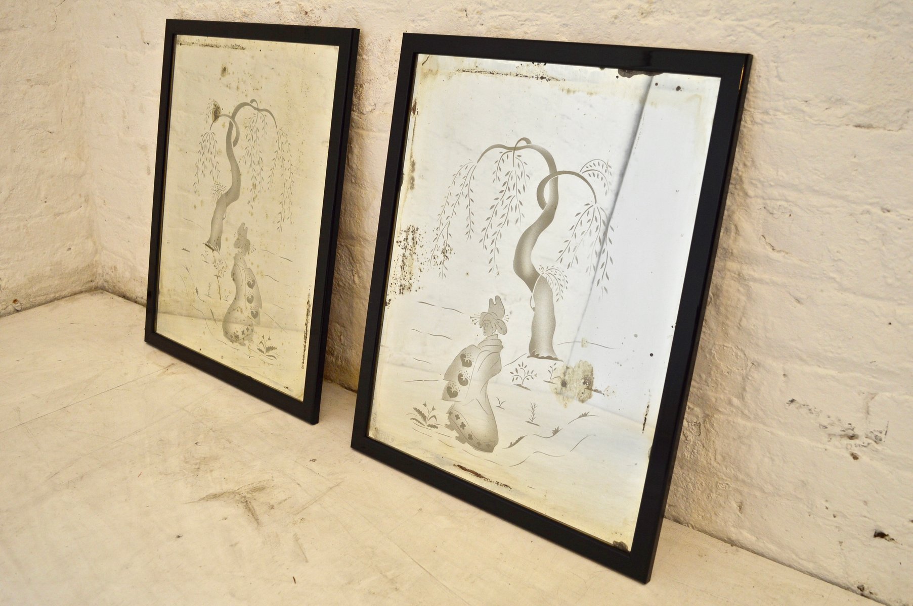 art deco chinese themed etched mirrors 1930s set of 2 for sale at