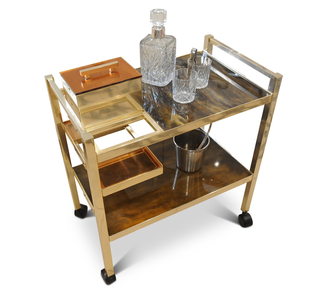 Hollywood Regency Aluminium & Acrylic Two Tier Bar Cart with Ice Bucket