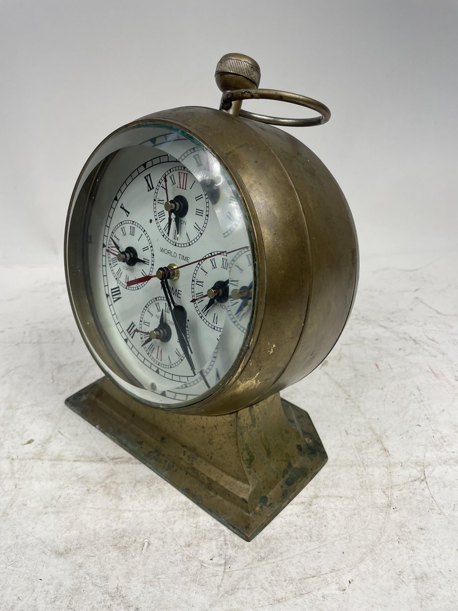 World Time Clock with Five Time Zones in Brass for sale at Pamono