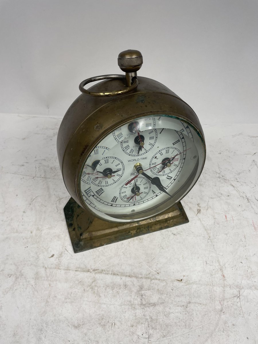 World Time Clock with Five Time Zones in Brass for sale at Pamono