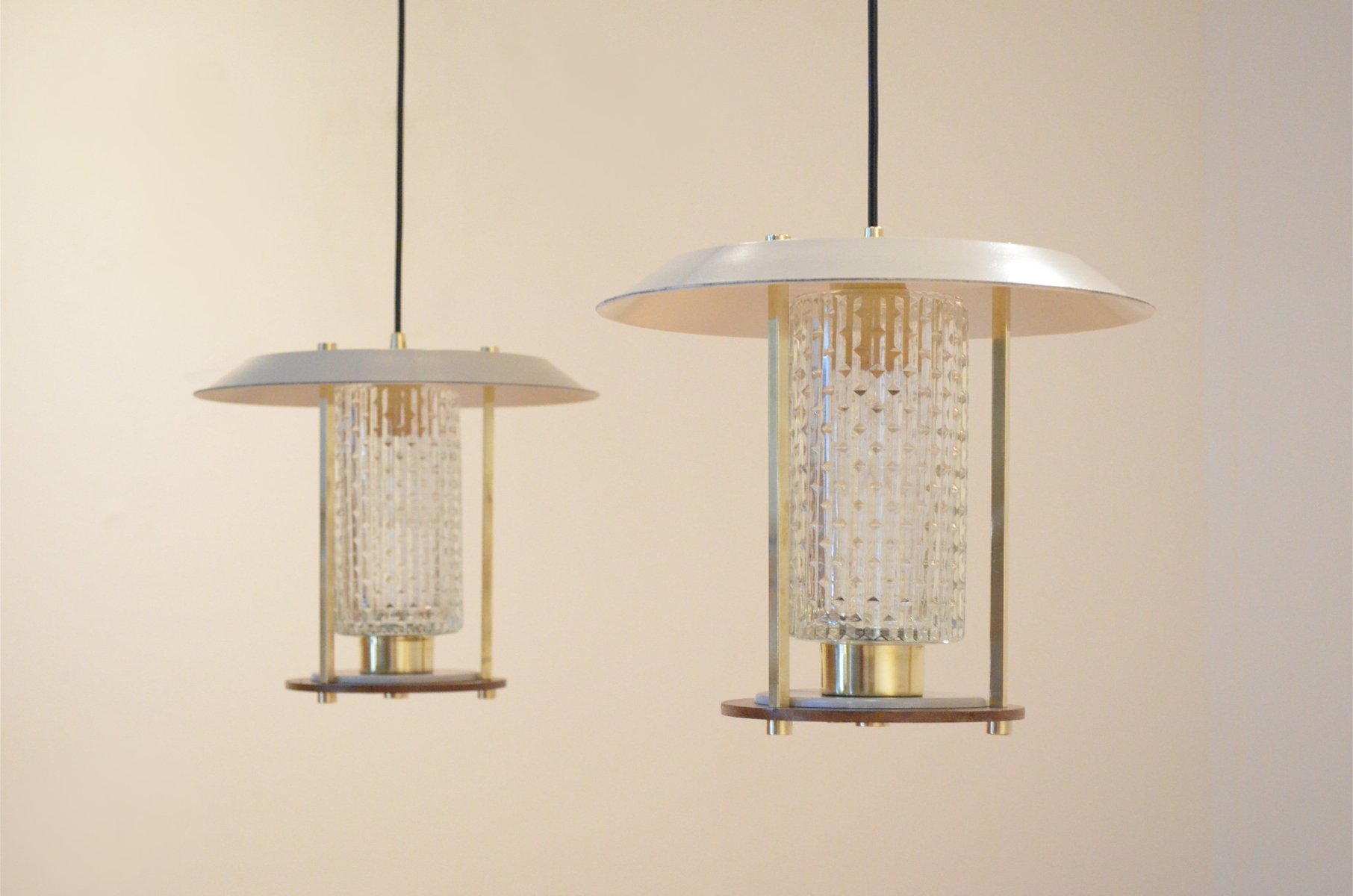 Vintage Brass Teak Lantern Style Pendant Lamps Set Of 2 For