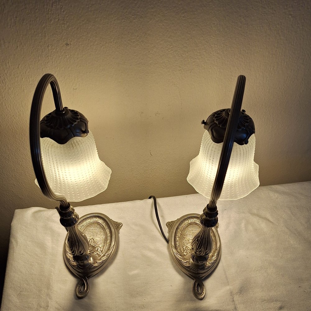 Vintage Bedside Lamps in Nickel-Plated Metal with Glass Shades, 1980s ...