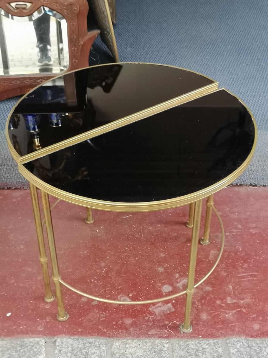 Black Glass Top Half Moon Shape Side Coffee Tables, Set of 2 for sale